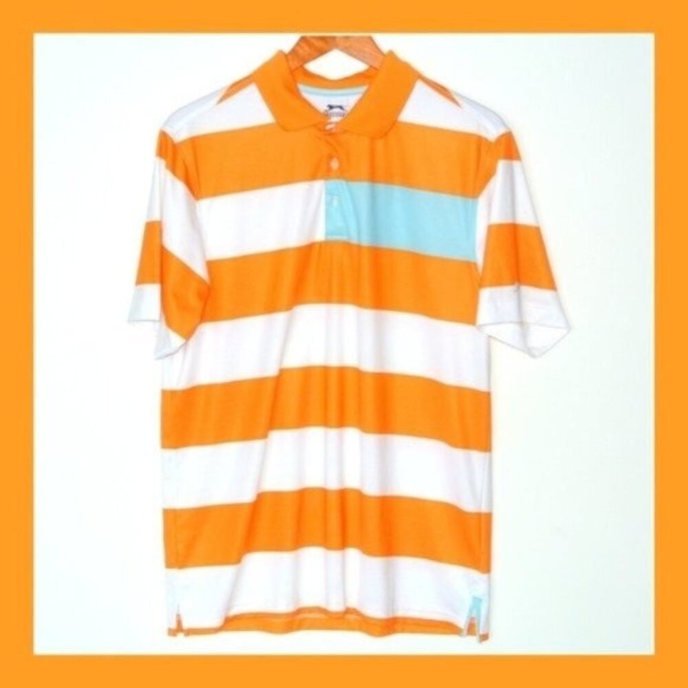 Slazenger Polo Shirt Orange White Striped M Mens